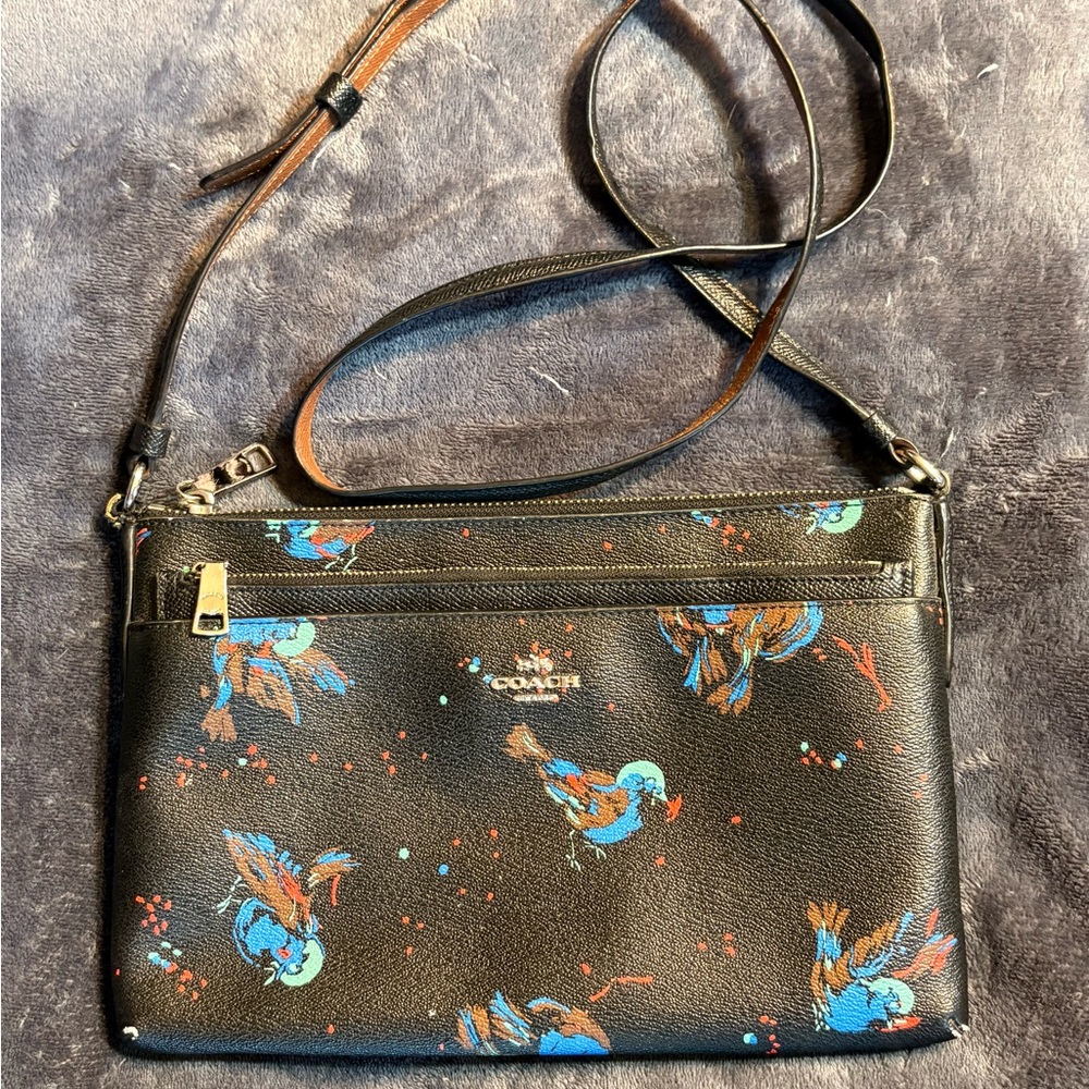 Coach Black Bag with Colorful Bird Design crossbody bag